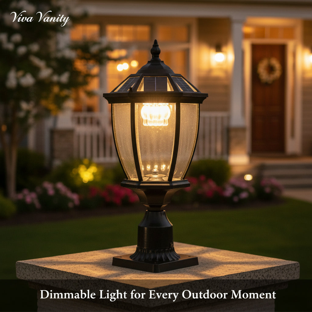 Solar-powered outdoor lamp on a pedestal in front of a house