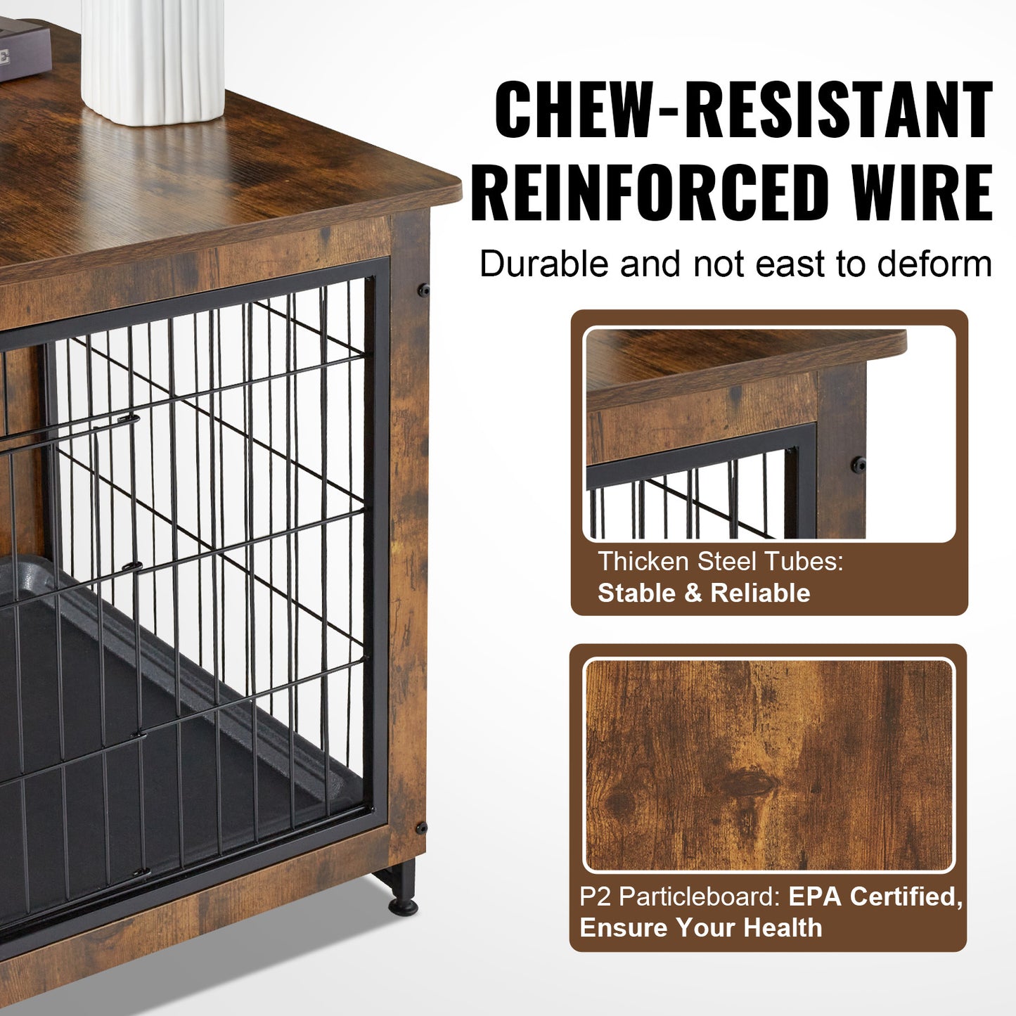 VEVOR Dog Crate Furniture, 38.6 Inch Wooden Dog Crate With Double Doors, Heavy-Duty Dog Cage End Table With Multi-Purpose Removable Tray, Modern Dog Kennel Indoor For Dogs Up To 70lb, Rustic Brown