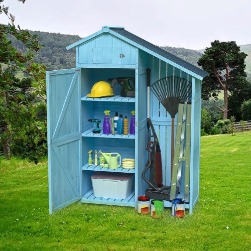 Outdoor Wooden Storage Shed – 46.45'' x 21.25'' x 70'' Garden Tool Cabinet with Waterproof Asphalt Roof, Multi-Tier Shelves – Blue