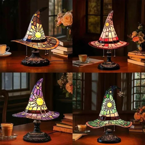 Stained-glass-inspired witch hat lamp with vintage-style pedestal base