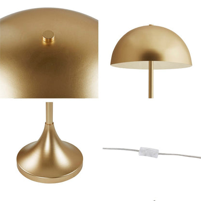 A dome-shaped 2-light metal table lamp with a sleek, curved shade, placed on a white table in a room with a minimalist decor 1