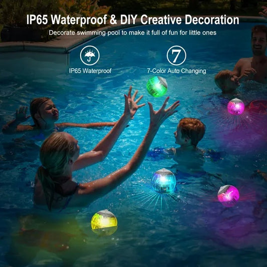 Children playing with colorful LED balls in a swimming pool, highlighting IP65 waterproof and 7-color auto-changing features.