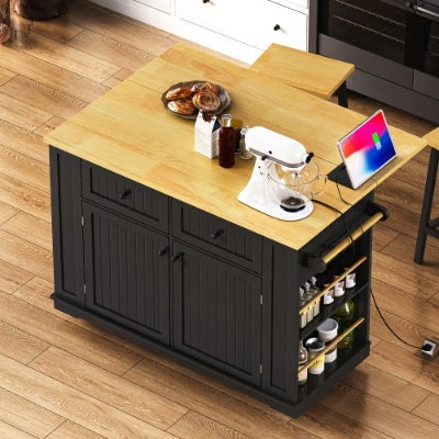 Viva Atelier Renaissance XL Large Kitchen Island Cart with Power Outlet & Bar Stools