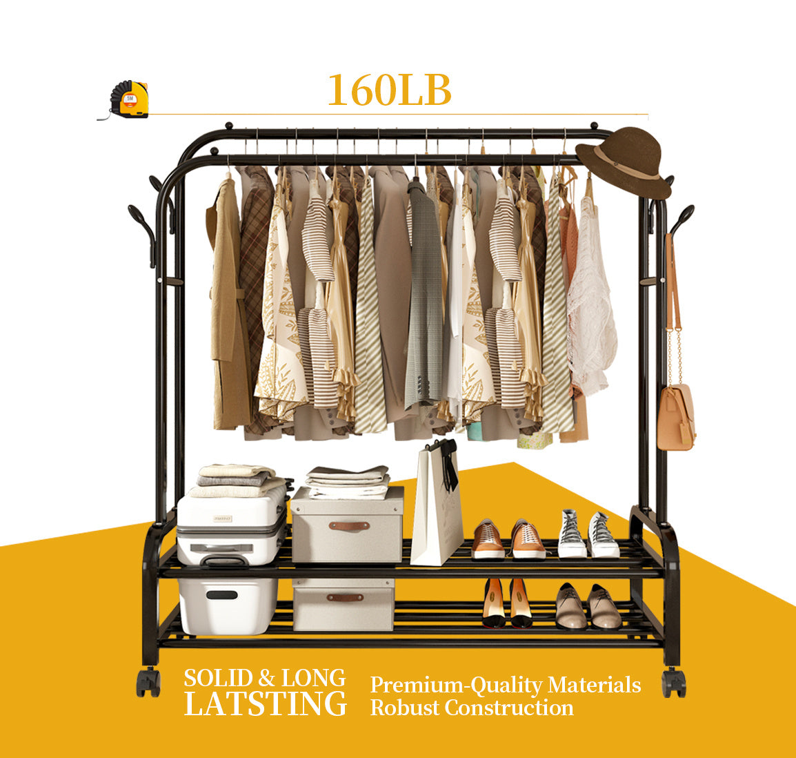 Heavy-Duty Metal Double Bar Clothes Hanger with Wheels – Adjustable & Mobile Closet Organizer