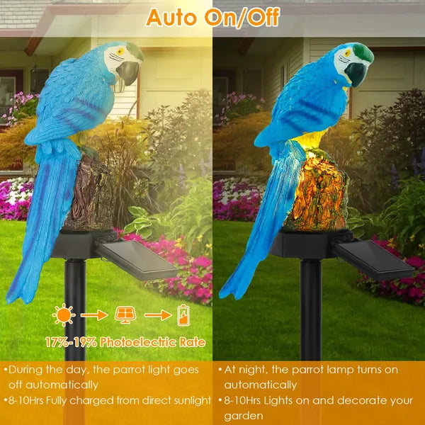 Solar-powered blue parrot light with auto on/off feature in a garden setting.