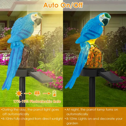 Solar-powered blue parrot light with auto on/off feature in a garden setting.