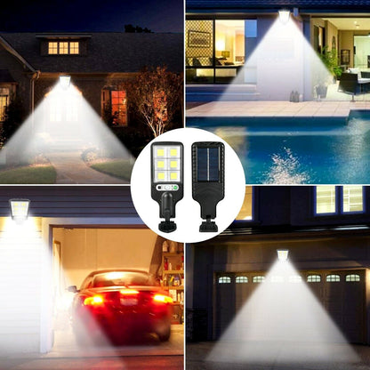 Solar-powered outdoor light fixtures in various settings including a house exterior, pool area, and garage.