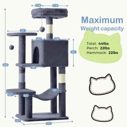 44-Inch Multi-Cat Tree Tower with Sisal Scratching Posts, Hammock & Extended Platforms