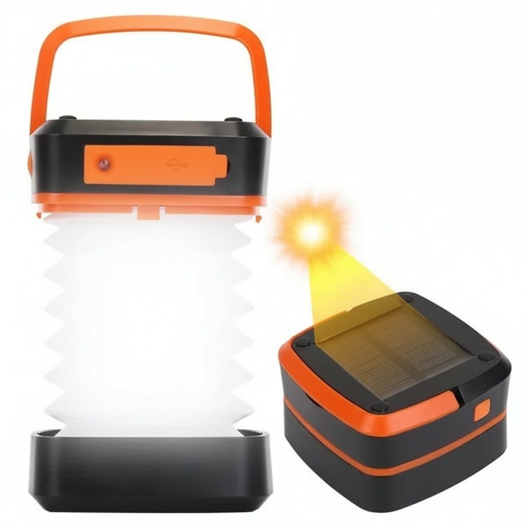 Orange and black camping lantern with solar panel on a white background