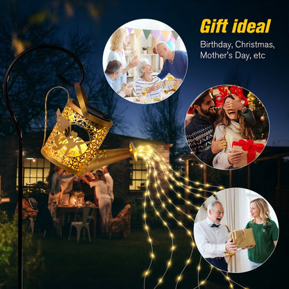 Decorative lantern with string lights on a dark background, surrounded by family and gift images.