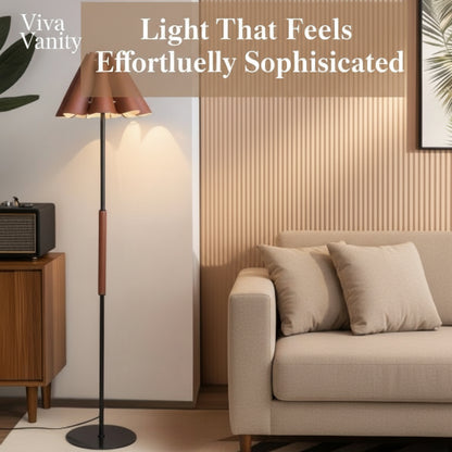 Modern living room with a floor lamp, sofa, and decorative elements.