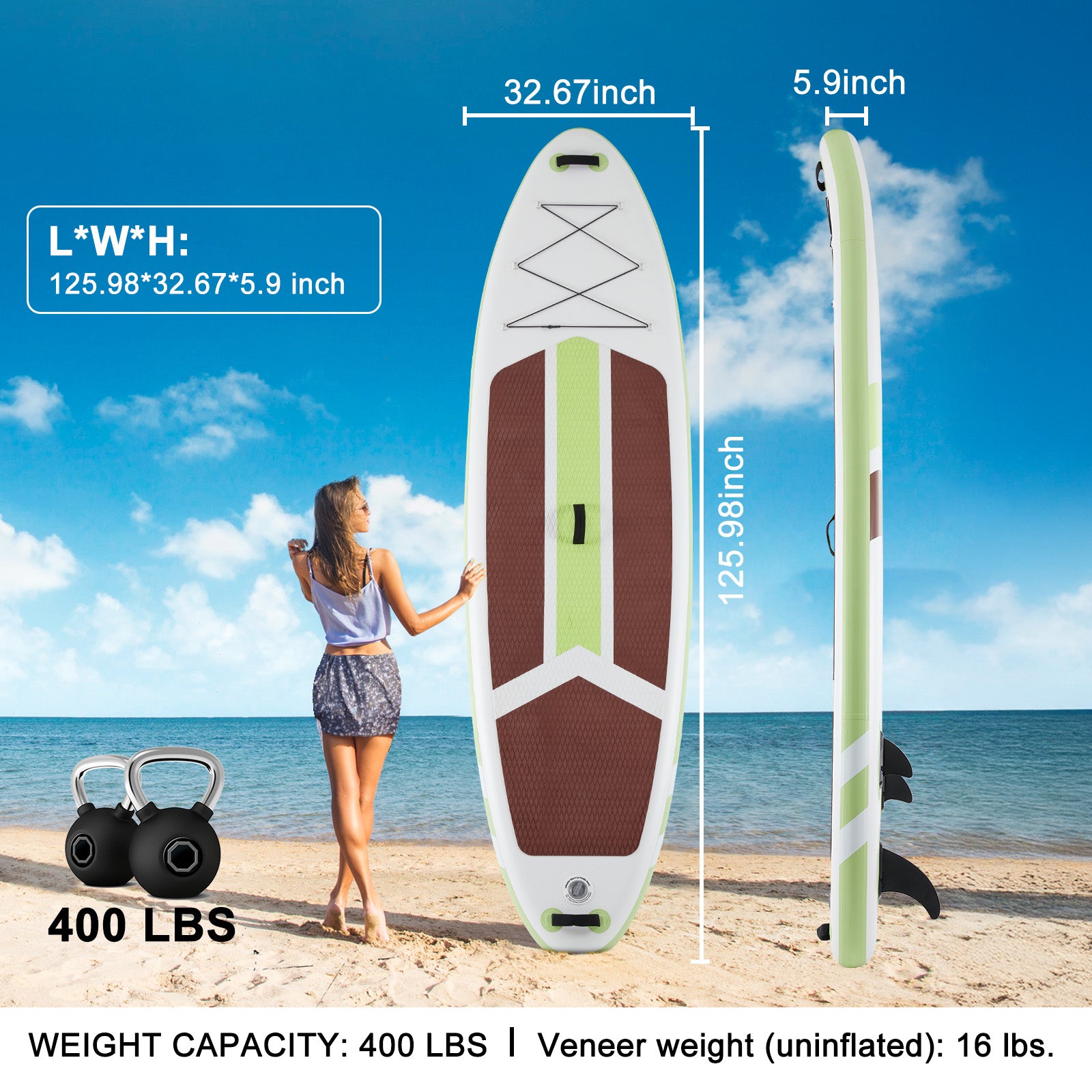 Stand-up paddleboard with measurements and weight capacity on a beach background