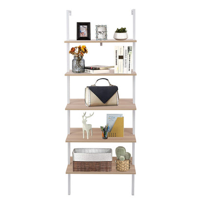 A 5-tier wall-mounted shelving unit with a white frame and beige shelves, containing various decorative and utility items like books, a handbag, and plant pots.