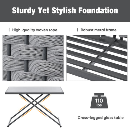 TOPMAX 5-Piece Modern Patio Sectional Sofa Set Outdoor Woven Rope Furniture Set With Glass Table And