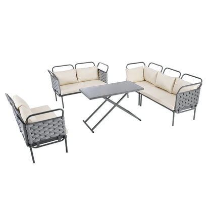 TOPMAX 5-Piece Modern Patio Sectional Sofa Set Outdoor Woven Rope Furniture Set With Glass Table And