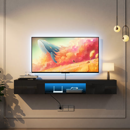 A modern black floating LED TV stand with a mounted television displaying colorful content, featuring a storage drawer and a shelf with a soundbar in a cozy living room setting.