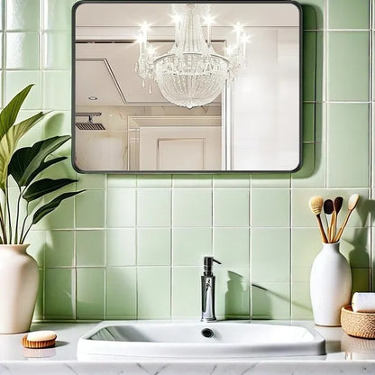 large 40-inch x 30-inch black bathroom mirror is stylishly simple reflection detail