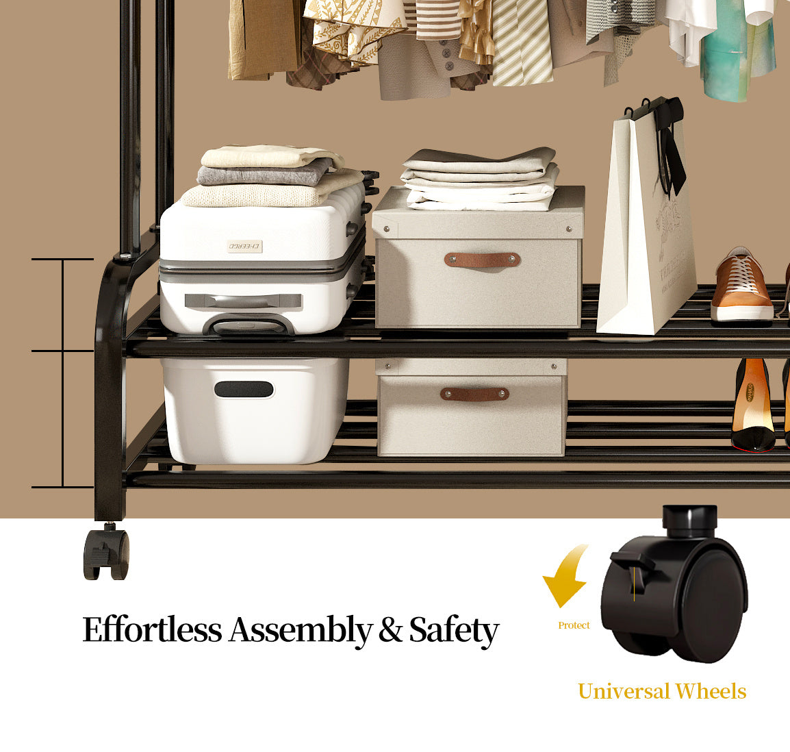 Heavy-Duty Metal Double Bar Clothes Hanger with Wheels – Adjustable & Mobile Closet Organizer