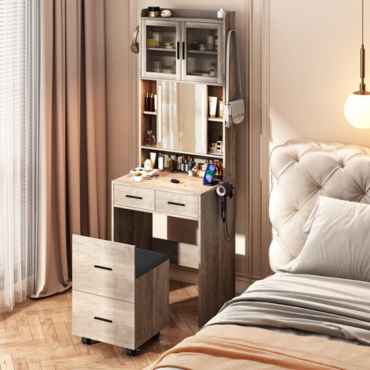 A modern dressing table set with LED lighted mirror, storage drawers, and a cushioned stool, placed in a bedroom setting.