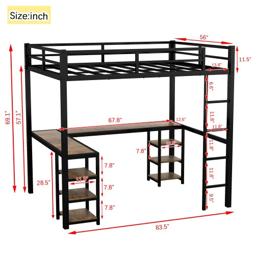 Viva Orion Full XL Metal Loft Bed with Desk & Shelves