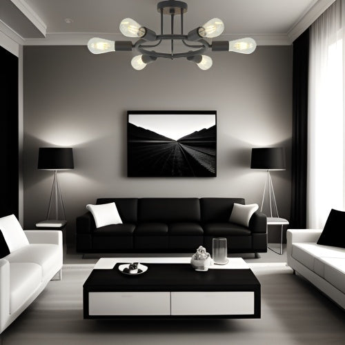 Modern 6-Light Sputnik Chandelier – Semi-Recessed Black Ceiling Light for Dining Room, Living Room & Entryway