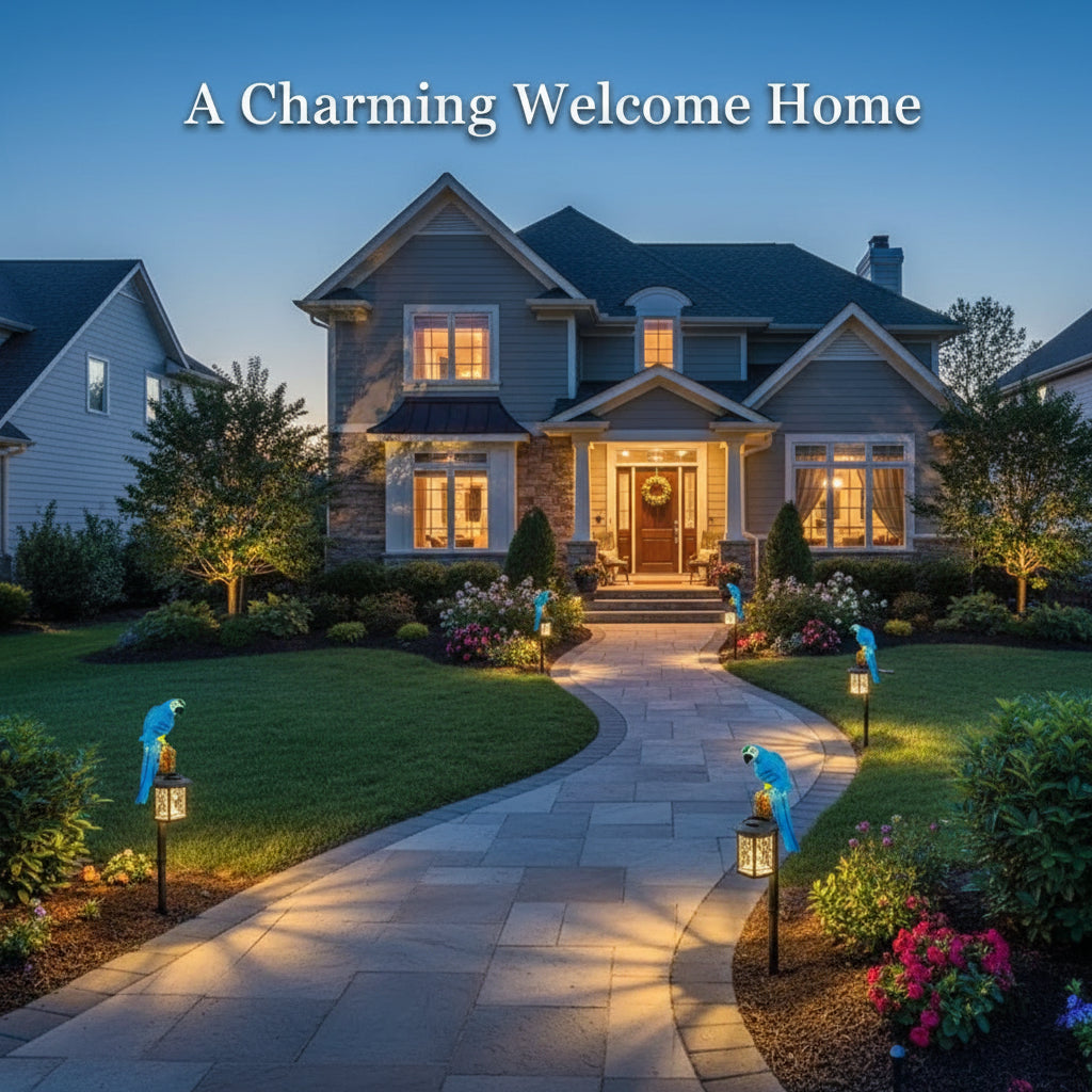 Solar-powered parrot lamp with detailed features on a white background