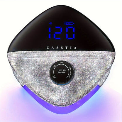 A rechargeable UV lamp for nails with a stylish black and silver design, featuring digital display and adorned with crystals around the edge 7