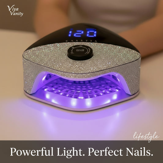 CASSTIA UV/LED nail lamp with digital display and rhinestone embellishments on a white background