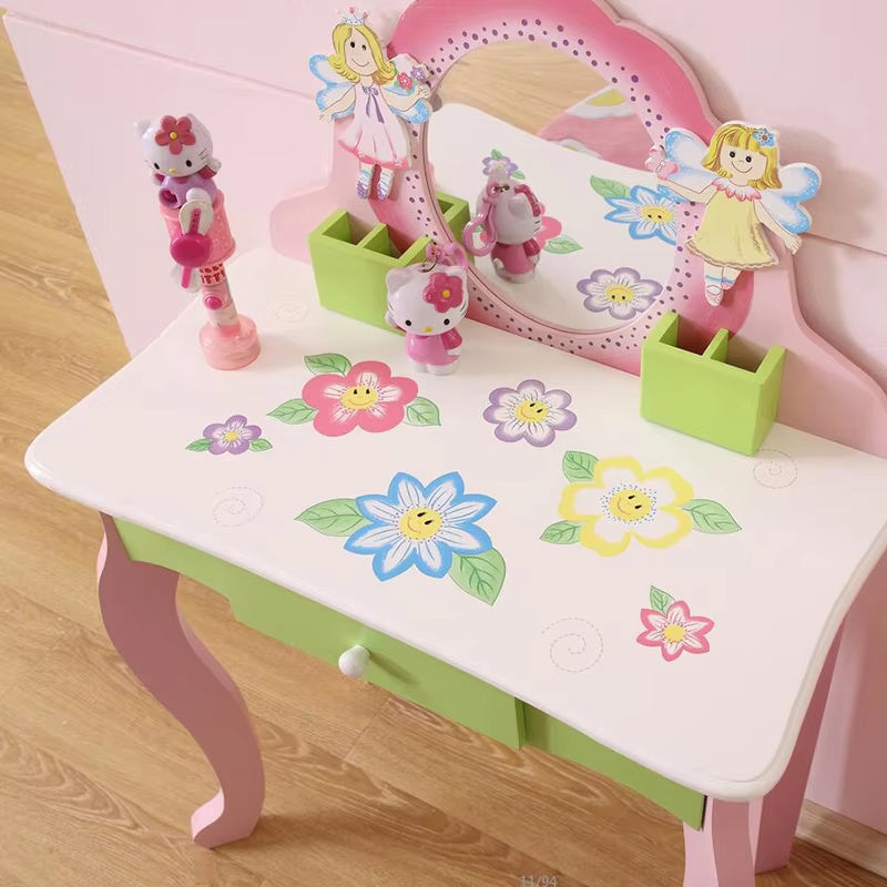 Princess Kids Vanity Table – Elegant Wooden Makeup Table with Mirror & Stool for Little Stars