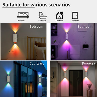 LED wall lights in various settings including bedroom, bathroom, courtyard, and doorway.