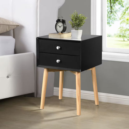 Viva Nocturne Elite Mid-Century Bedside Table – Premium 2-Drawer Rubber Wood Legs
