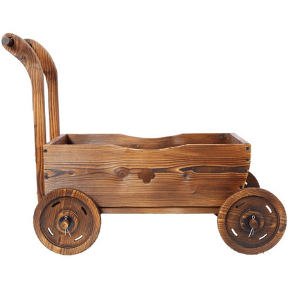 Wooden Wagon Planter Box – Mobile Garden Planter with 4 Wheels & Handle | Rustic Outdoor & Indoor Decorative Flower Cart
