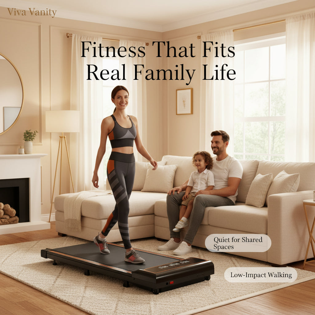 Woman using a treadmill with a standing desk in the background