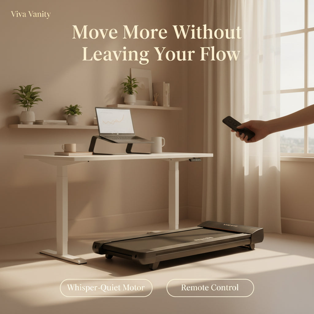 Woman using a treadmill with a standing desk in the background