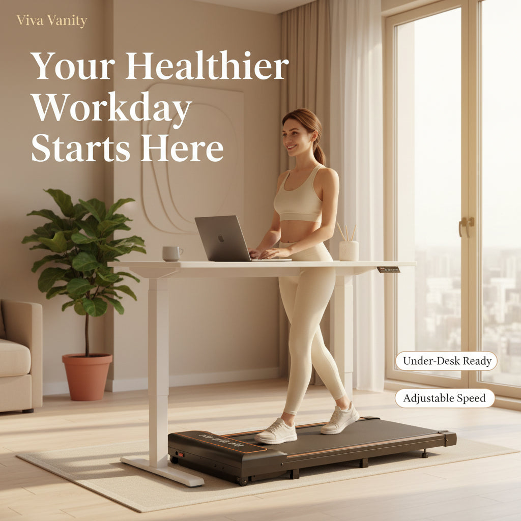 Woman using a treadmill with a standing desk in the background