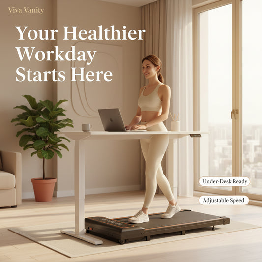 Woman using a treadmill with a standing desk in the background