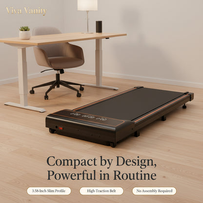 Woman using a treadmill with a standing desk in the background