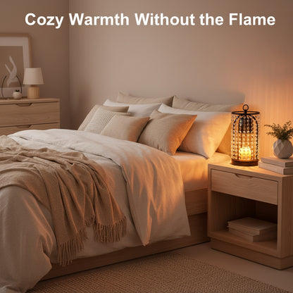 Decorative lamp with beaded design on a table next to a book and a bottle.