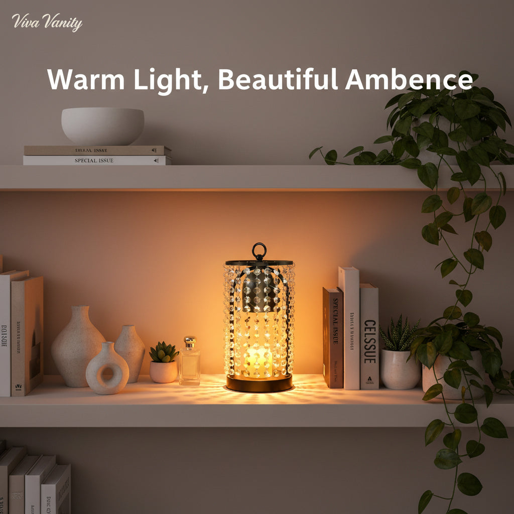 Decorative lamp on a shelf with 'Viva Vanity' branding and text 'Warm Light, Beautiful Ambence'.