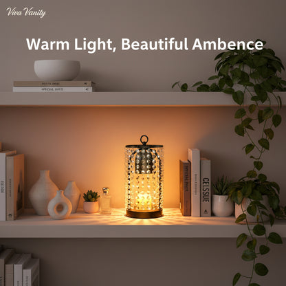 Decorative lamp on a shelf with 'Viva Vanity' branding and text 'Warm Light, Beautiful Ambence'.