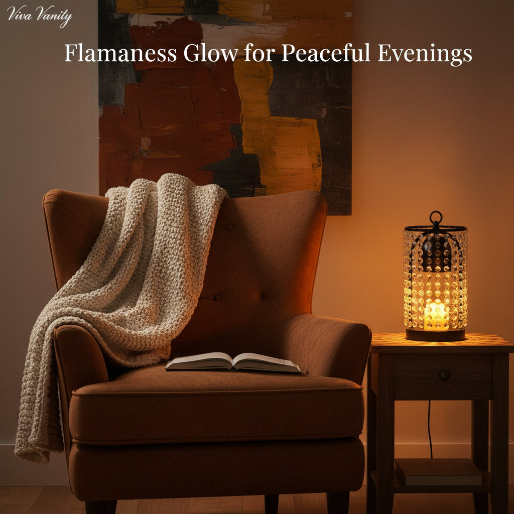 Cozy living room with brown armchair, blanket, open book, and lit lantern on a side table.