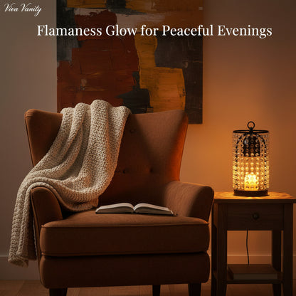 Cozy living room with brown armchair, blanket, open book, and lit lantern on a side table.