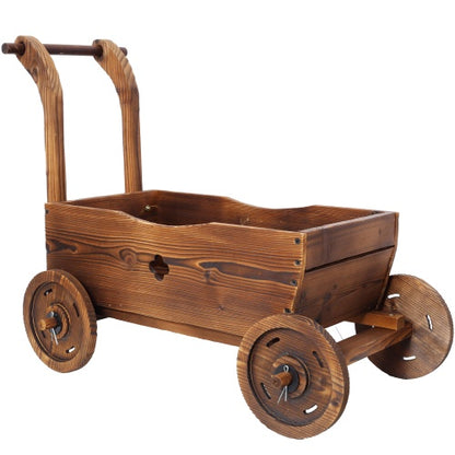 Wooden Wagon Planter Box – Mobile Garden Planter with 4 Wheels & Handle | Rustic Outdoor & Indoor Decorative Flower Cart