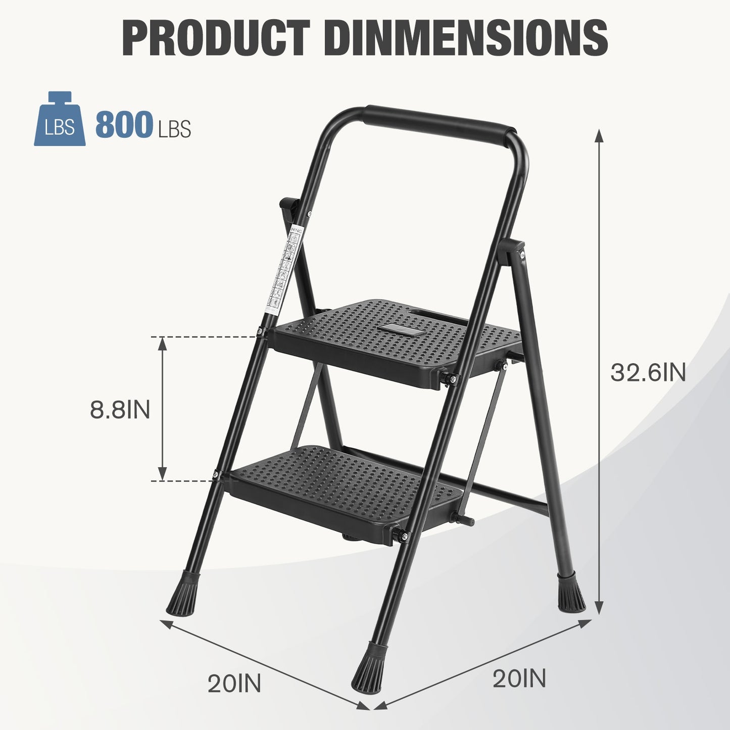 Step ladder with dimensions and weight capacity on a white background