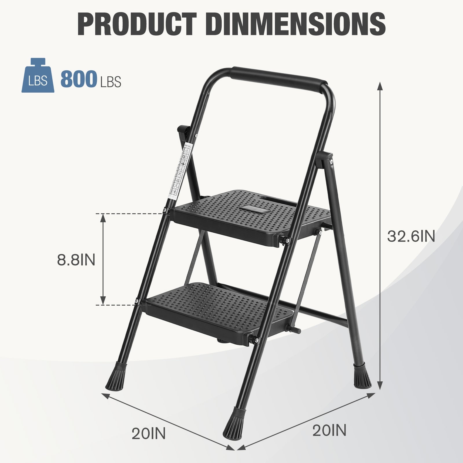Step ladder with dimensions and weight capacity on a white background