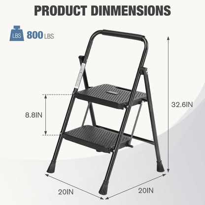 Step ladder with dimensions and weight capacity on a white background