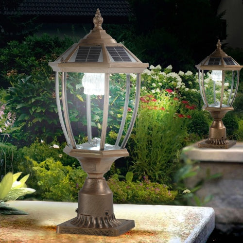 Vintage Gold Solar Pillar Headlights with Dimmable LEDs (2-Pack) – Elegant Outdoor Illumination