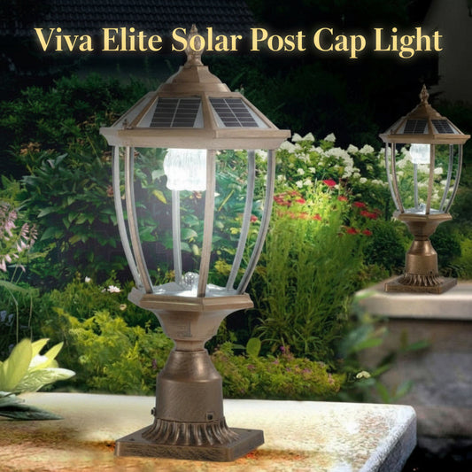 Solar-powered outdoor lamp with garden background