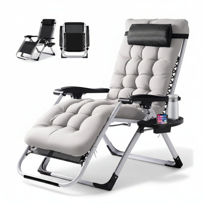 Gray recliner chair with armrest pillow and cup holder on a white background