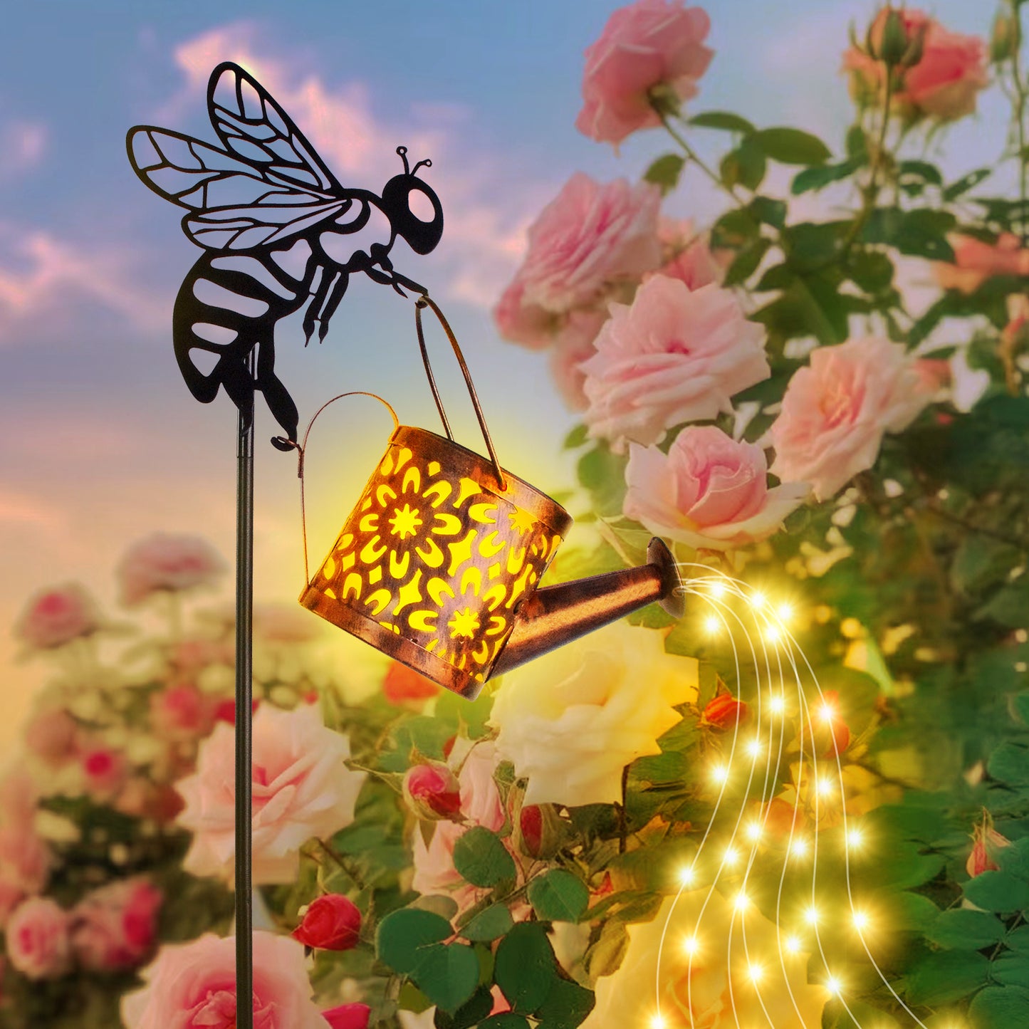Garden stake with bee design, watering can, and string lights against a floral background